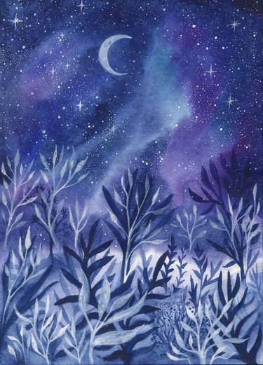 Moon Night Starry Sky Magic Landscape Forest Watercolor thumb