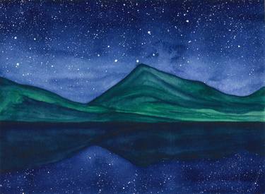 Night landscape beautiful stars are reflected in the Lake and Mountains thumb