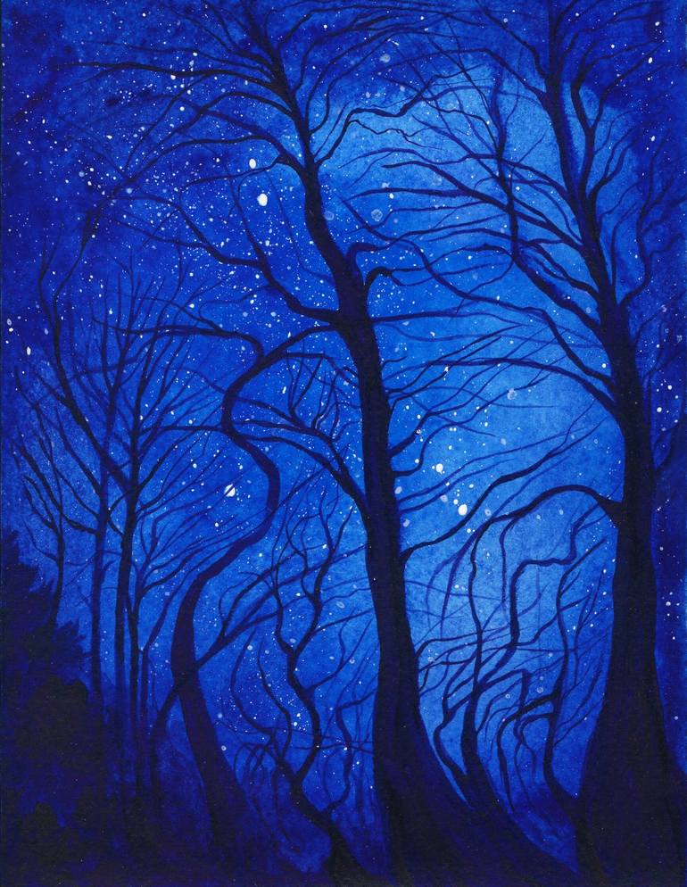 Dark forest and shining stars in the sky Painting by Olga Tupikina ...