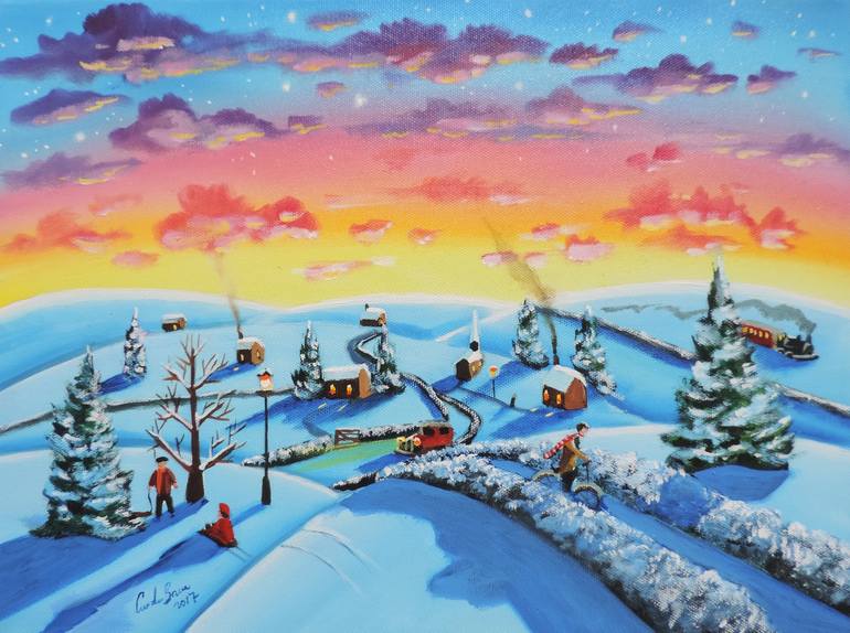 Winter town folk art naive landscape Painting by Gordon Bruce