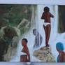 I’m originally from Haiti. Those who practice voodoo will go to a town with a waterfall for spiritual bathing. Some will dress in white. They will dance and chant and sacrifice animals for good fortune. Some will go just for fun. Its like a public bath and where no one is embarrass but everyone is there as a community. As an island we are surrounded by water so we love being in it. I’m a figurative painter but I also introduced abstract art in the rocks and waterfall.
