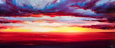 Red Sunset at the sea. Colorful Sky Oil Painting thumb