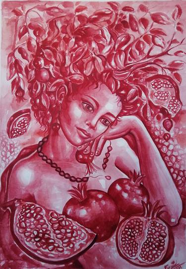 waterolor, Pomegranate tree, " Girl and pomegranates", pomegranate tree painting, bright, juicy, scarlet, burgundy thumb