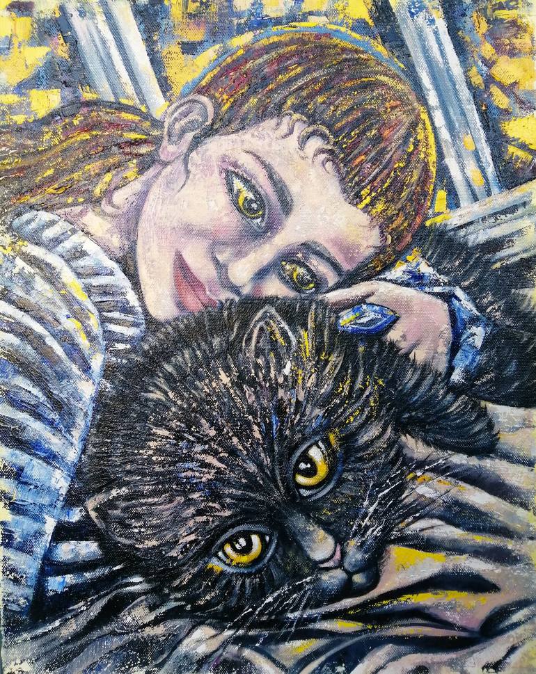 Girl and Cat Painting by Olena Brzhosniovska | Saatchi Art