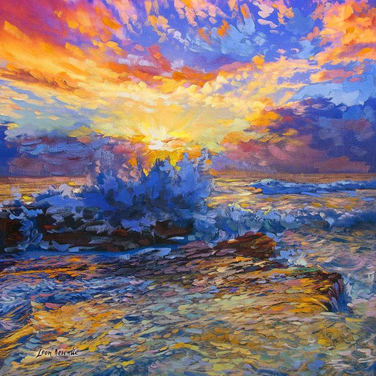 Ocean Wall Art Of Sunset With Dramatic Clouds Painting By Leon Devenice Saatchi Art