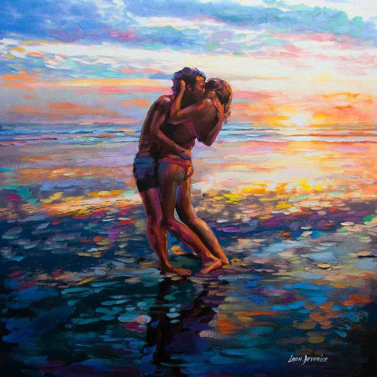 Beach Couple Kissing Naked - Romantic ocean painting on canvas of couple kissing on beach at sunset  Painting by Leon Devenice | Saatchi Art
