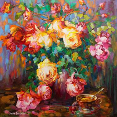 Rose Painting Rose Art Wall Art On Canvas Of A Cup Of Vintage