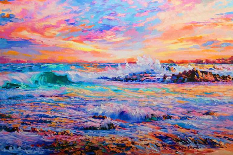 Sunset Beach In California Ocean Painting On Canvas By Leon