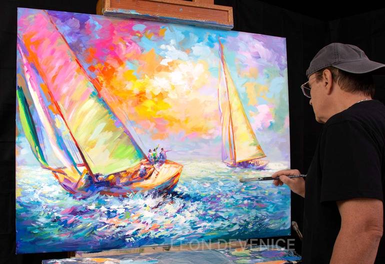 Original Impressionism Yacht Painting by Leon Devenice