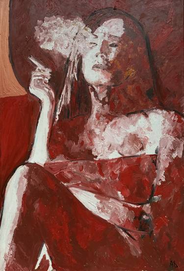 A woman in red with a cigarette. Original oil painting portrait thumb