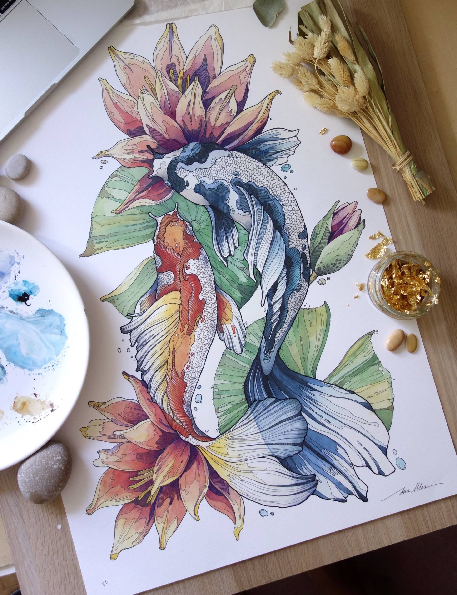 Koi Fish, New illo sketchbook and eraser shavings by coliecreates