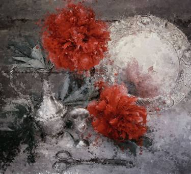 The red peony in a metal jug. Still-life. thumb