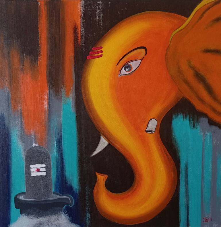 Shree Ganesha bowing to Shiva Lingam Painting by Juhi Gupta | Saatchi Art