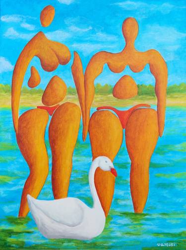Bathing girlfriends with swan by Peter Vamosi thumb