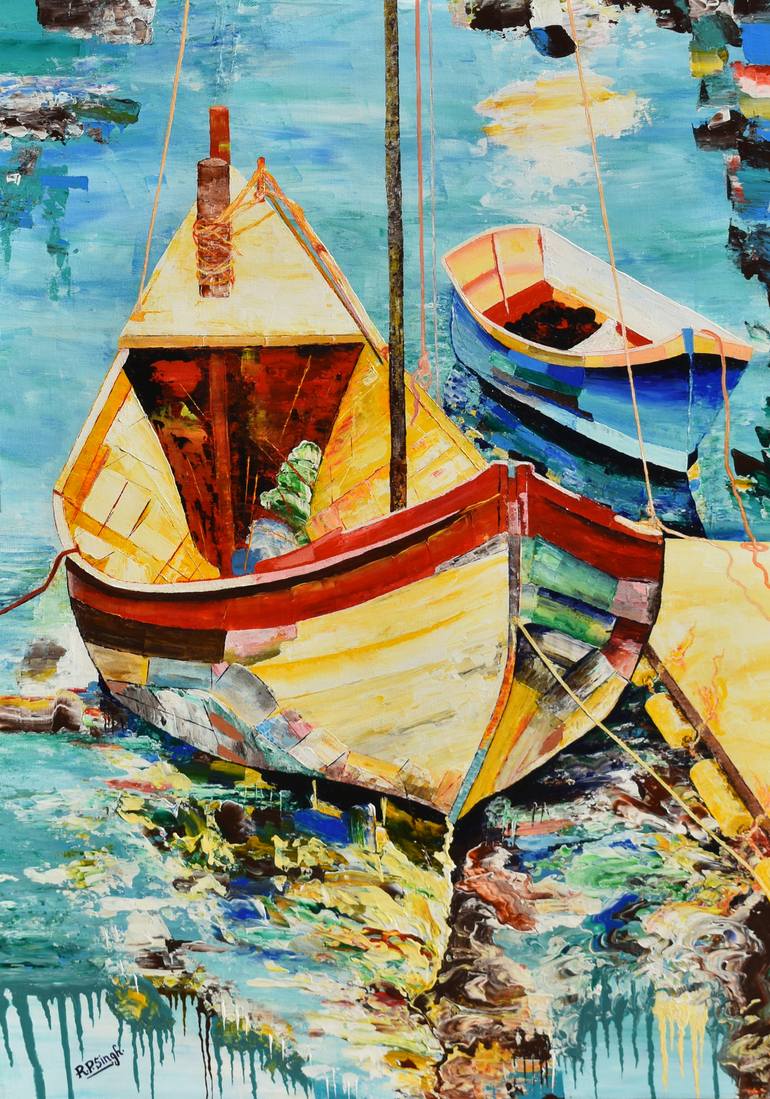 Seascape #P1- palette knife painting - Painting by R P Singh