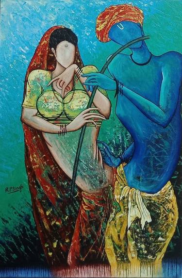 Radha, Krishna & The Flute - Palette knife oil painting - thumb