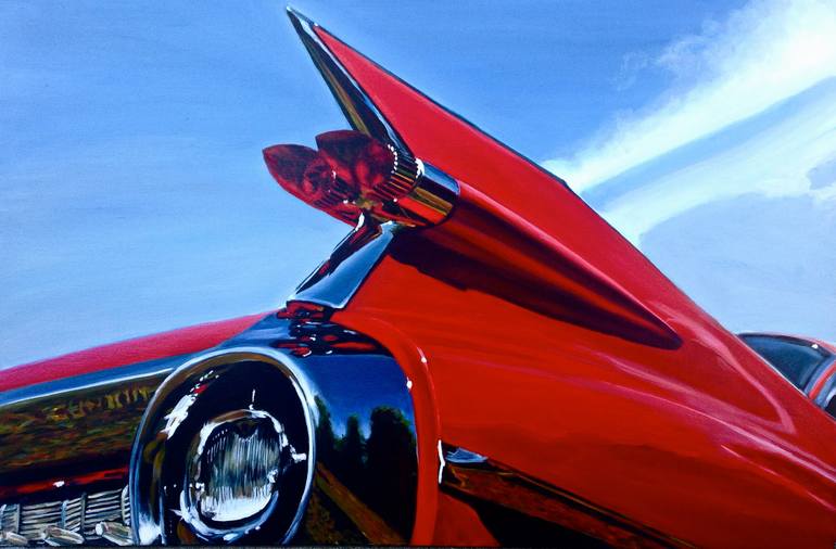 1959 Cadillac Tailfin in Red. Painting by Mark Peterson | Saatchi Art