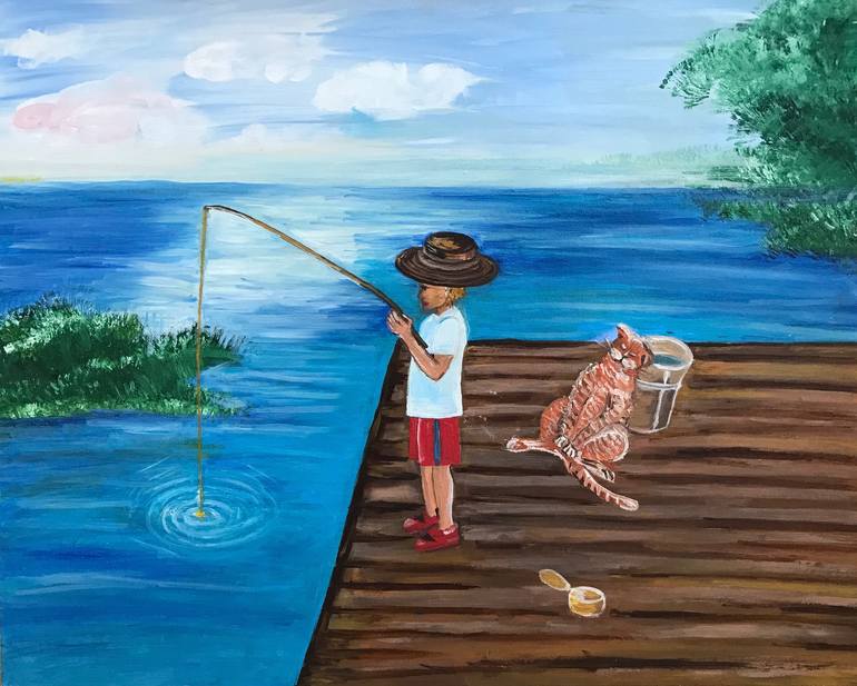 The boy is fishing, the cat is sleeping Painting by Alina Morozova