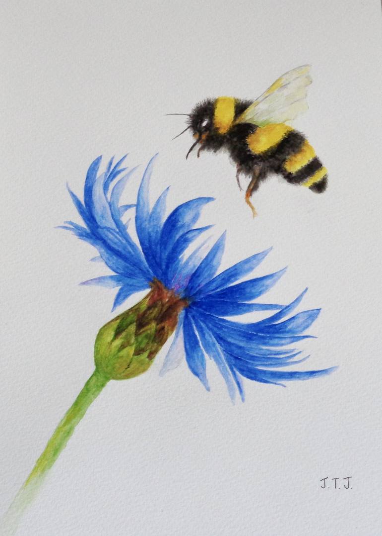 Bumblebee and Cornflower Painting by Jean Tatton Jones Saatchi Art