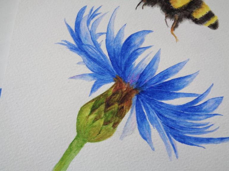 Bumblebee and Cornflower Painting by Jean Tatton Jones | Saatchi Art