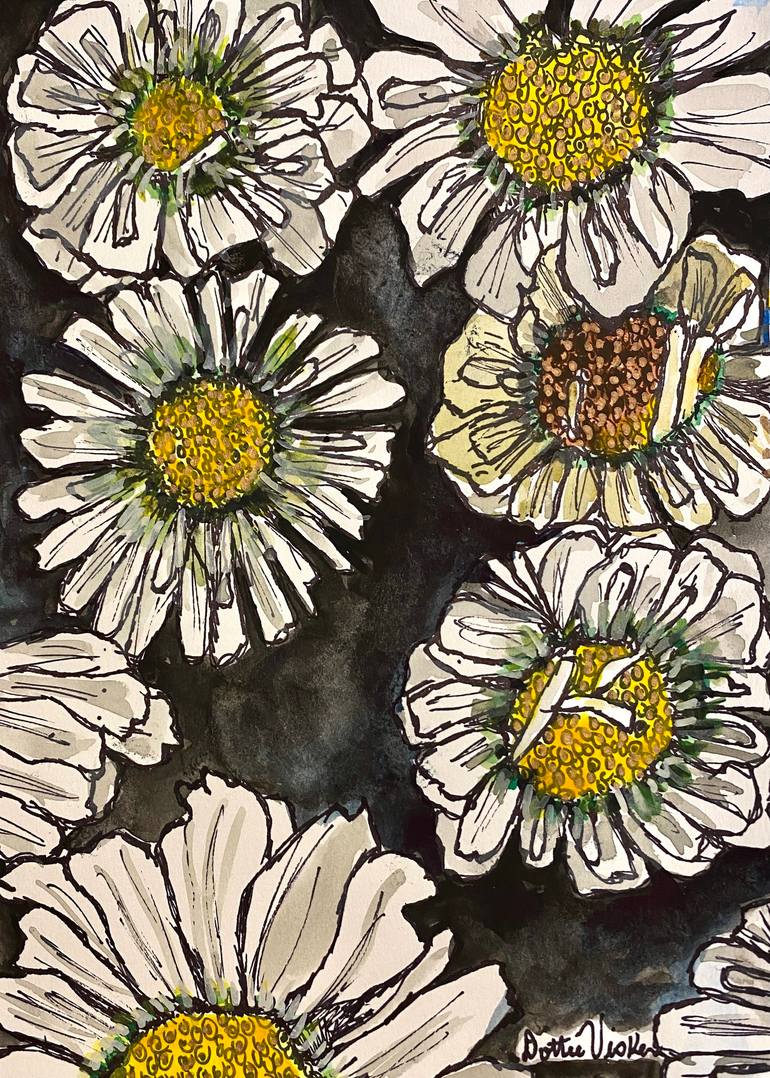 Original Floral Painting by Dottie Visker | Contemporary Art on Paper | Daisies in the Night