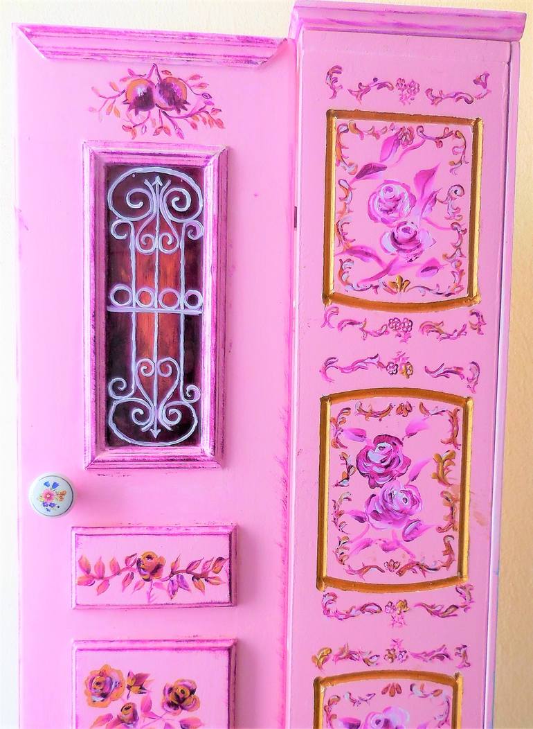 Storage Cabinet Handpainted Handmade Pink Front Door 69x20x17 Cm