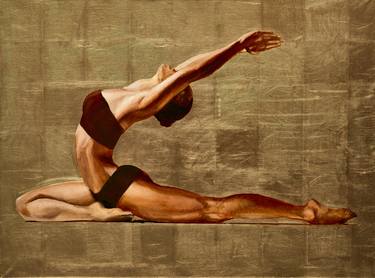 Golden yoga print on canvas with gold leaves - Limited Edition of 1 thumb
