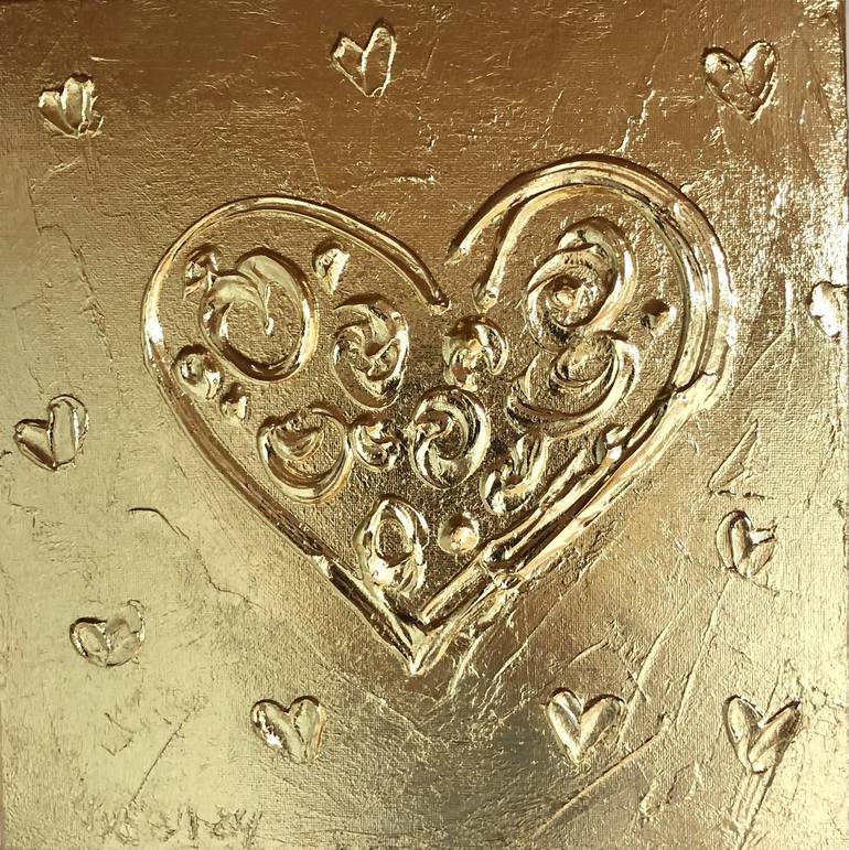 Flowers on golden heart - Love, Amour, Liebe 3D plaster Painting ...