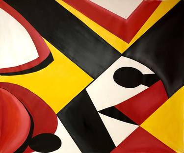 XXXL Yellow-red white black modern abstract geometric cubism painting, original art + NFT as a gift) thumb