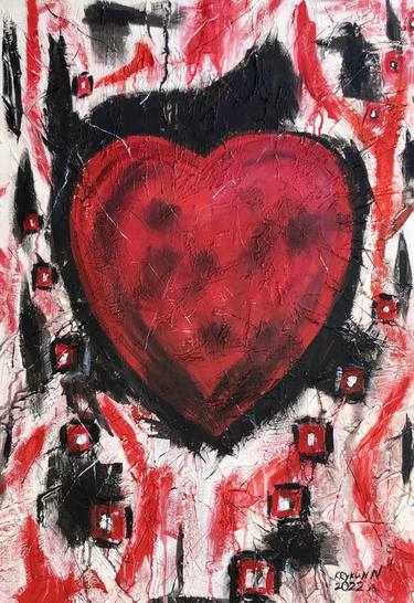 Red heart of lovers - red, black, white, grey abstract painting thumb