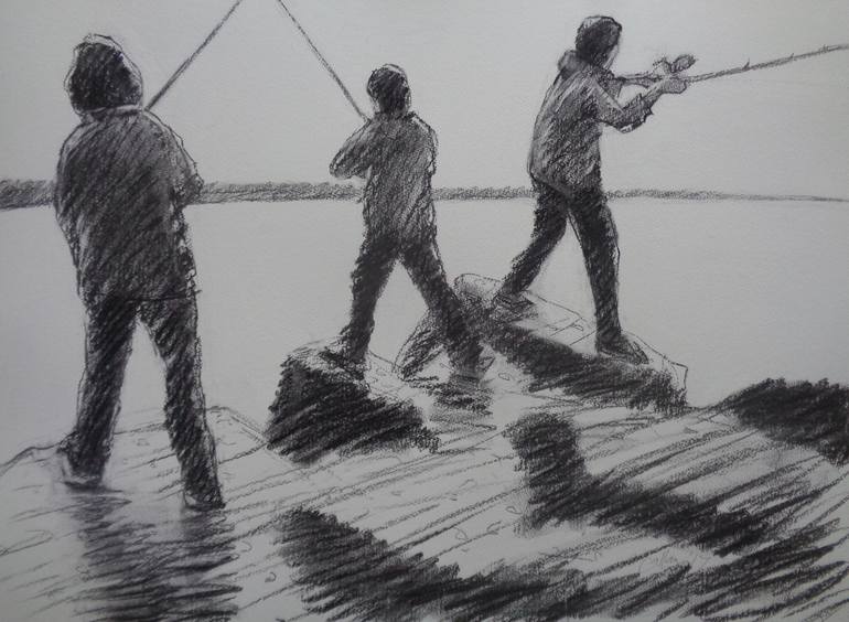 Casting (Boys Fishing) Drawing by Damian Callan
