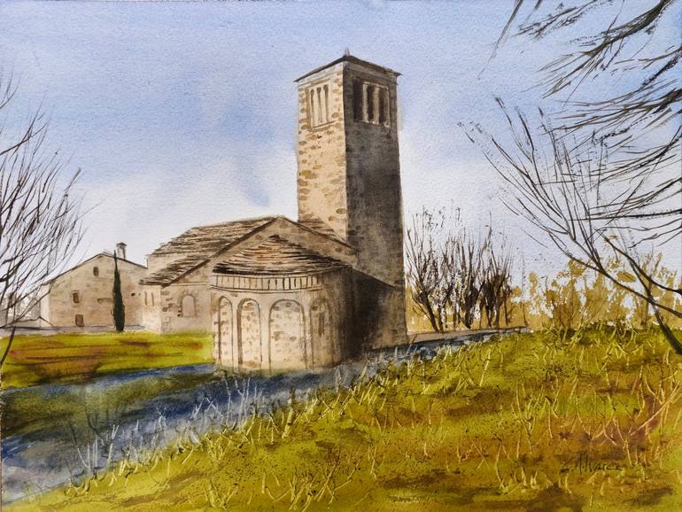 Original Architecture Painting by Carmen Alvarez | Contemporary Art on Paper | San Pedro de Larrede