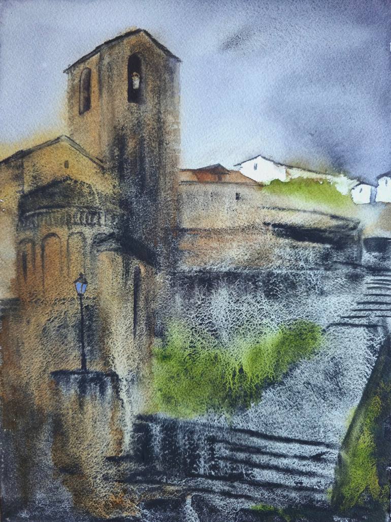 Original Architecture Painting by Carmen Alvarez | Figurative Art on Paper | Iglesia de Olivan. Ruta del Serrablo