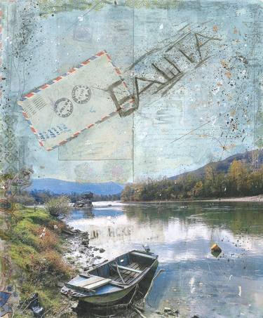 Drina River House- Original Painting , Original Collage, Rustic , Vintage, Blue, Mixed Media Art, Sailing Art, thumb
