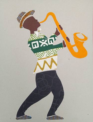 African Fabric Collage 'Saxophonist' thumb