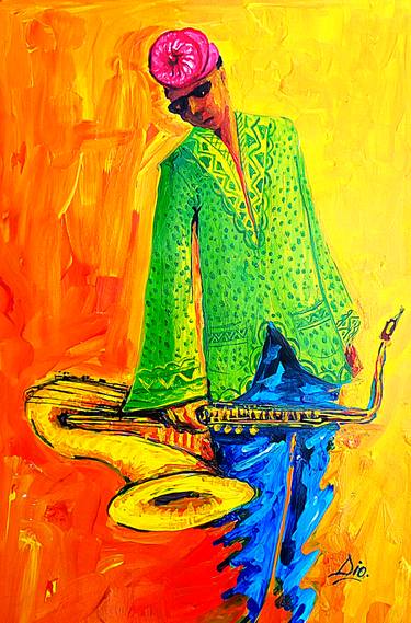 Acrylic Painting on Card  "Atongo The Saxophonist"  Wall Art thumb