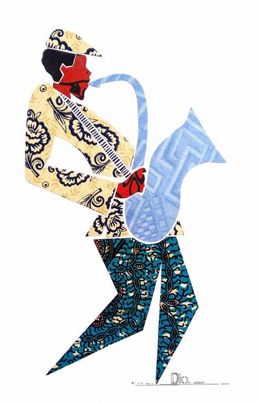 Fabric Collage, "Solo Saxophonist 3" Wall Art, Wall Decor thumb