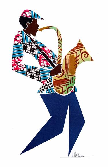 Fabric Collage, "Solo Saxophonist 4" Wall Art, Wall Decor thumb