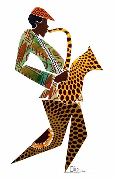 Fabric Collage, "Solo Saxophonist 5" Wall Art, Wall Decor thumb