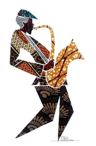 Fabric Collage, "Solo Saxophonist 7" Wall Art, Wall Decor thumb