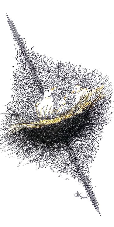 Wall Art, Mathematical Drawing of Birds in a Nest "Birds Family" thumb