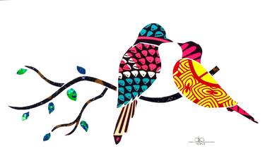 Fabric Collage " Love Birds 1" Colourful Birds, Wall Art thumb