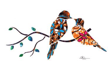 Fabric Collage " Love Birds 2" Colourful Birds, Wall Art thumb