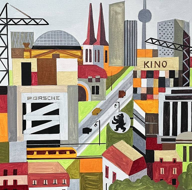 Original Architecture Painting by Andre Baldet | Cubism Art on Paper | BERLIN-03