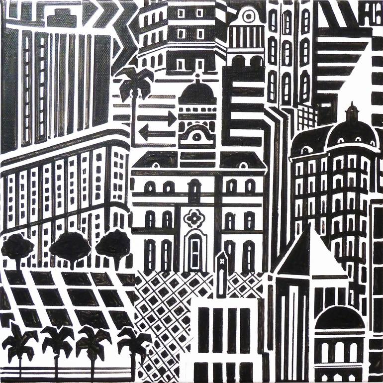 Original Architecture Painting by Andre Baldet | Cubism Art on Canvas | BUENOS-AIRES_BW-01c