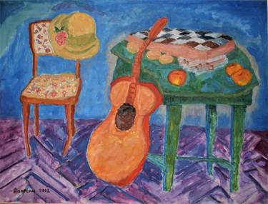 Chair with Hat, a Guitar and Table In a Hug thumb