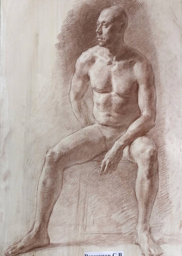 Nude Male Figure. Sitting.