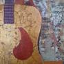What does it means to be truly alive?
This artwork was inspired by a guitar exhibited in a restaurant in an eclectic surrounding for surfers.
This mixed medium artwork includes a collage and gold leaf for the guitar as well as acrylic paint. It is inspired by Georges Braque. The forms of the guitar are deconstructed. The string vibrations at various frequencies create different levels of consciousness. The highest level evoke awareness, ancient knowledge and wisdom.