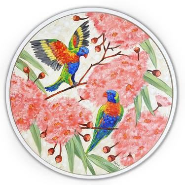 Rainbow Lorikeets on pink flowering gum tree thumb