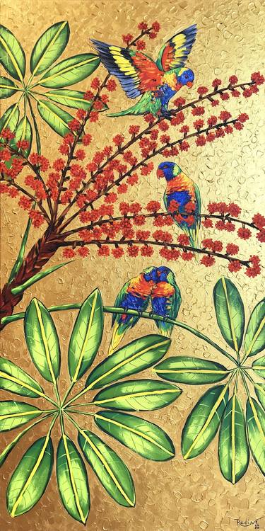 Australian Umbrella tree and rainbow lorikeets on gold background thumb